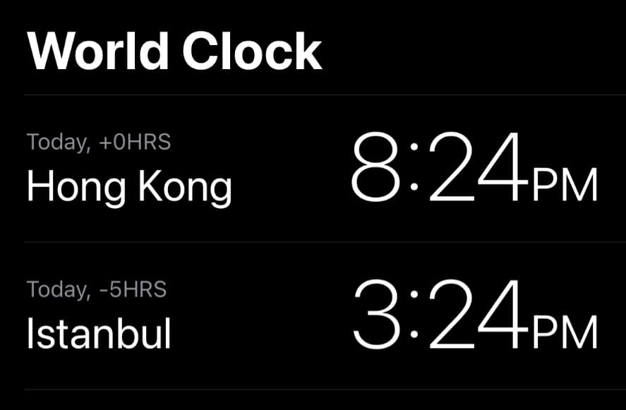 香港及台灣與土耳其的時差